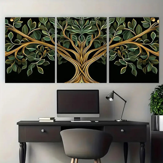 3pcs Golden and Green Tree of Life Metal Print Ready to Hang Art