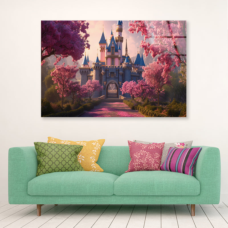 A Castle Surrounded By Trees, Sky & Flowers Acrylic Glass Print Tempered Glass Wall Art 100% Made in Australia Ready to Hang