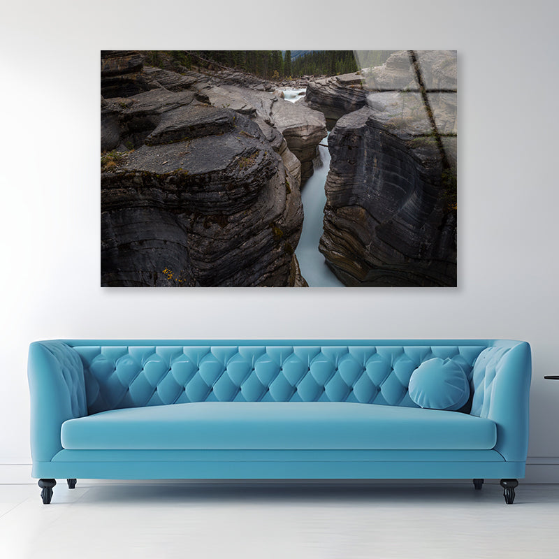 A River Flows through Cascading Over a Rocky Cliff Acrylic Glass Print Tempered Glass Wall Art 100% Made in Australia Ready to Hang