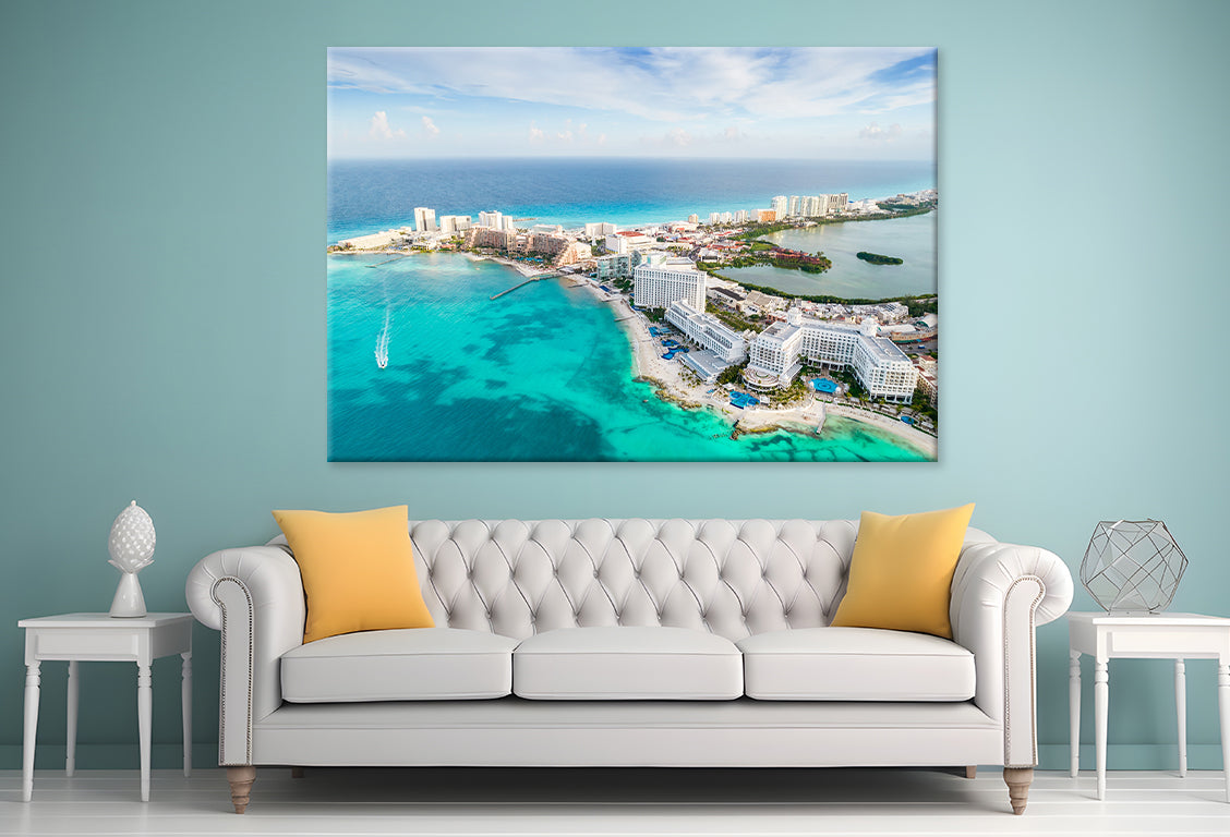 Panoramic View of Cancun Beach and Hotels Wall Art Decor 100% Australian Made