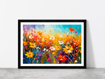 Beautiful Wildflowers Blooming Field Glass Framed Wall Art, Ready to Hang Quality Print With White Border Black