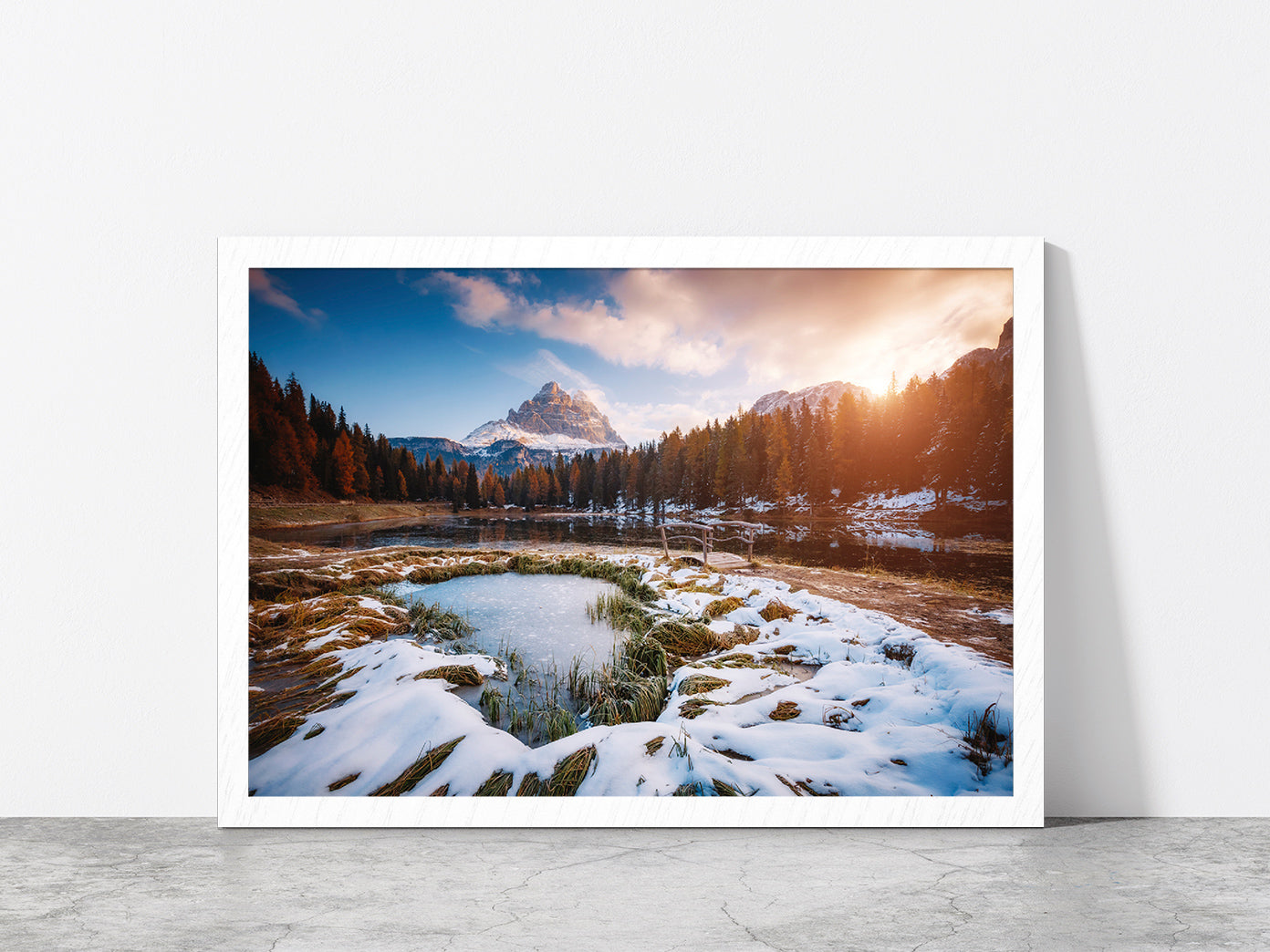 Morning Scenic In Lake Antorno Glass Framed Wall Art, Ready to Hang Quality Print Without White Border White