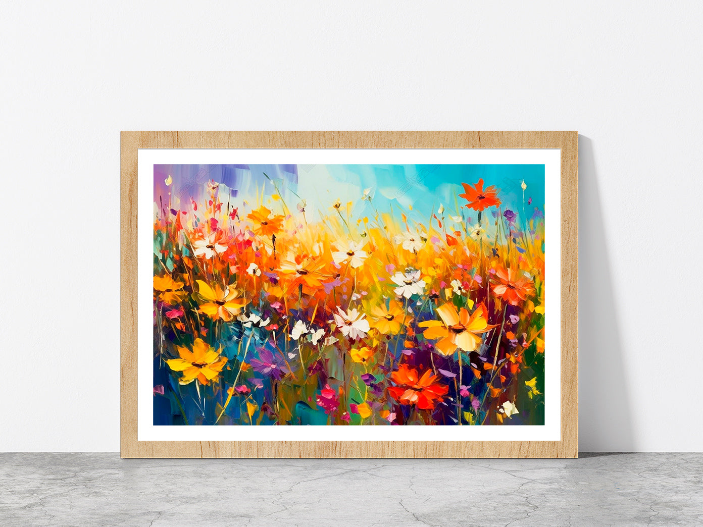 Beautiful Wildflowers Blooming Field Glass Framed Wall Art, Ready to Hang Quality Print With White Border Oak