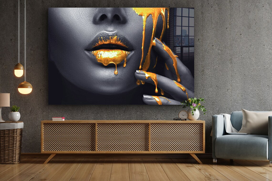 B&W Woman & Gold Lips UV Direct Aluminum Print Australian Made Quality