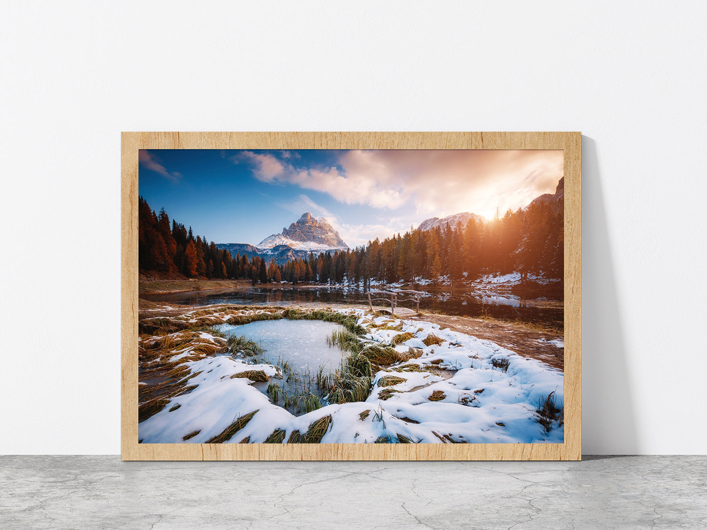 Morning Scenic In Lake Antorno Glass Framed Wall Art, Ready to Hang Quality Print Without White Border Oak