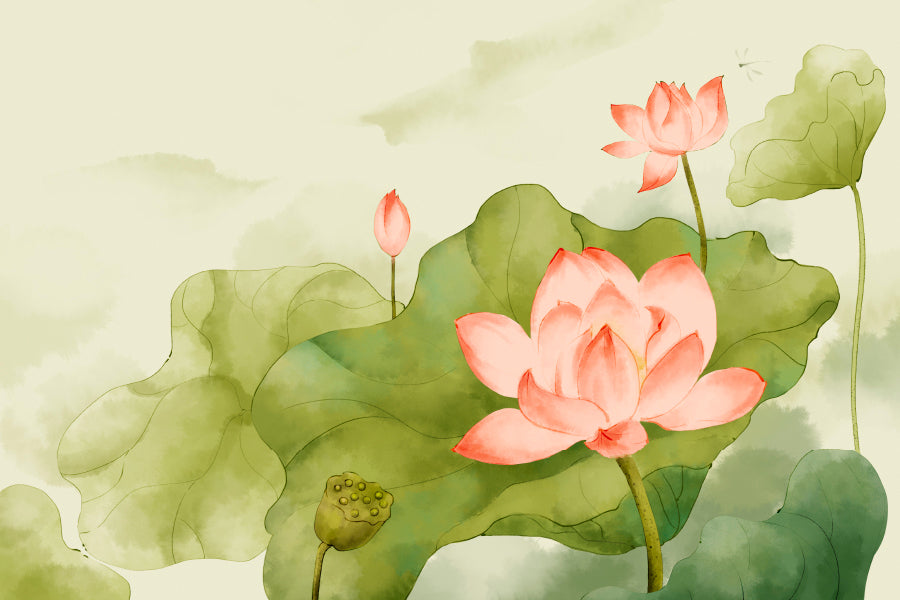 Painting Of a Pink Lotus Flower and Green Leaves Wall Art Decor 100% Australian Made