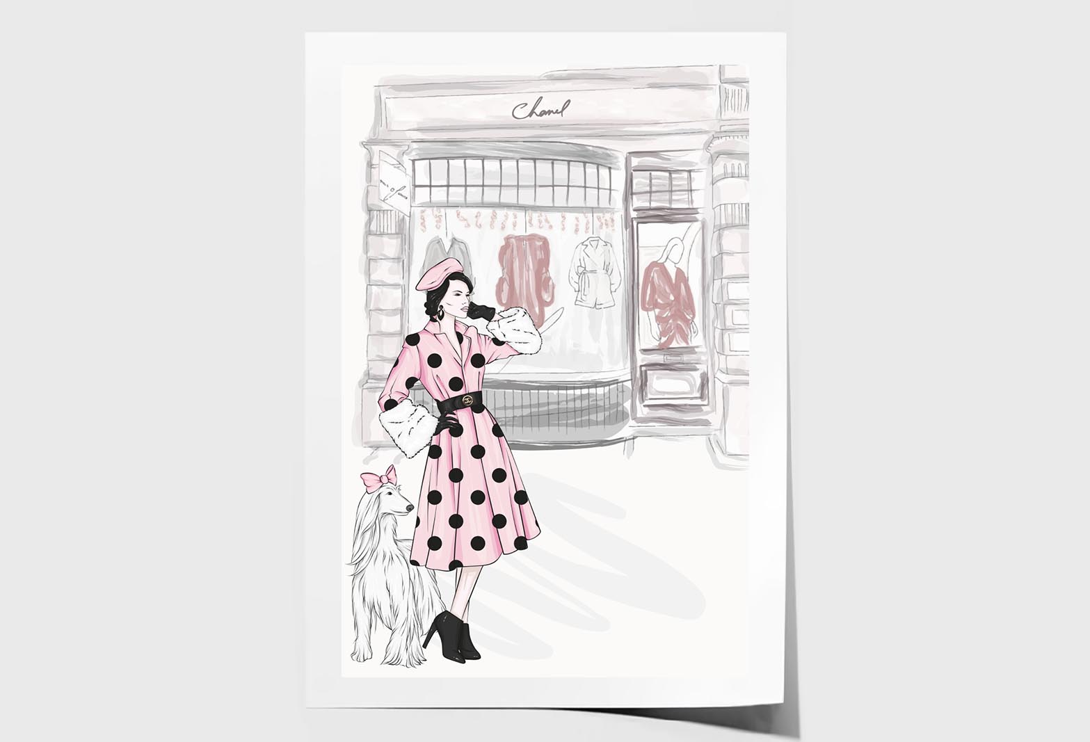 Pink Lady With Her Dog Fashion Wall Art Limited Edition High Quality Print Unframed Roll Canvas None