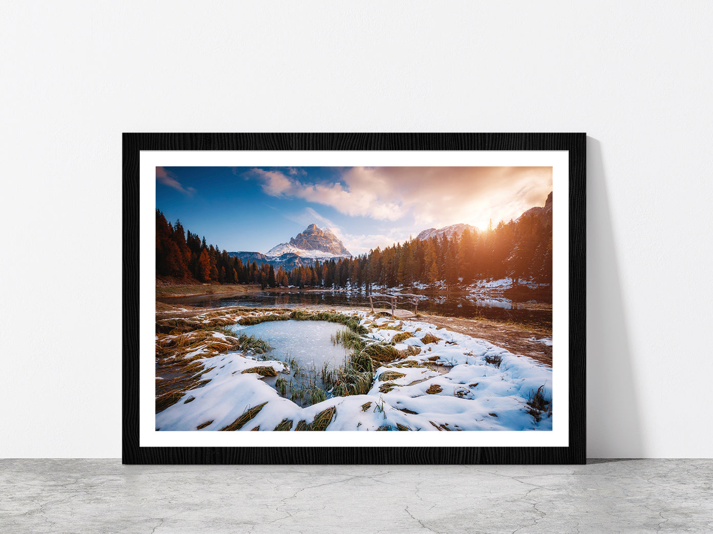 Morning Scenic In Lake Antorno Glass Framed Wall Art, Ready to Hang Quality Print With White Border Black