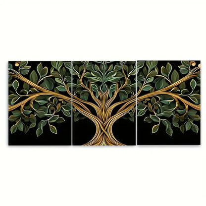 3pcs Golden and Green Tree of Life Metal Print Ready to Hang Art