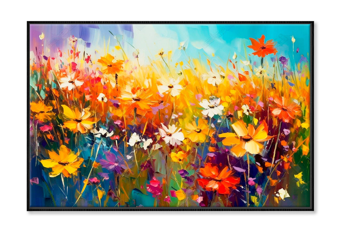 Beautiful Wildflowers Blooming Field Oil Painting Wall Art Limited Edition High Quality Print Canvas Box Framed Black