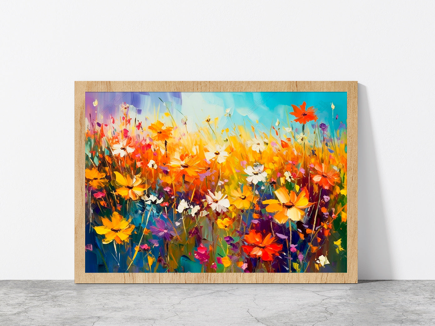 Beautiful Wildflowers Blooming Field Glass Framed Wall Art, Ready to Hang Quality Print Without White Border Oak