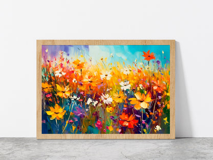 Beautiful Wildflowers Blooming Field Glass Framed Wall Art, Ready to Hang Quality Print Without White Border Oak