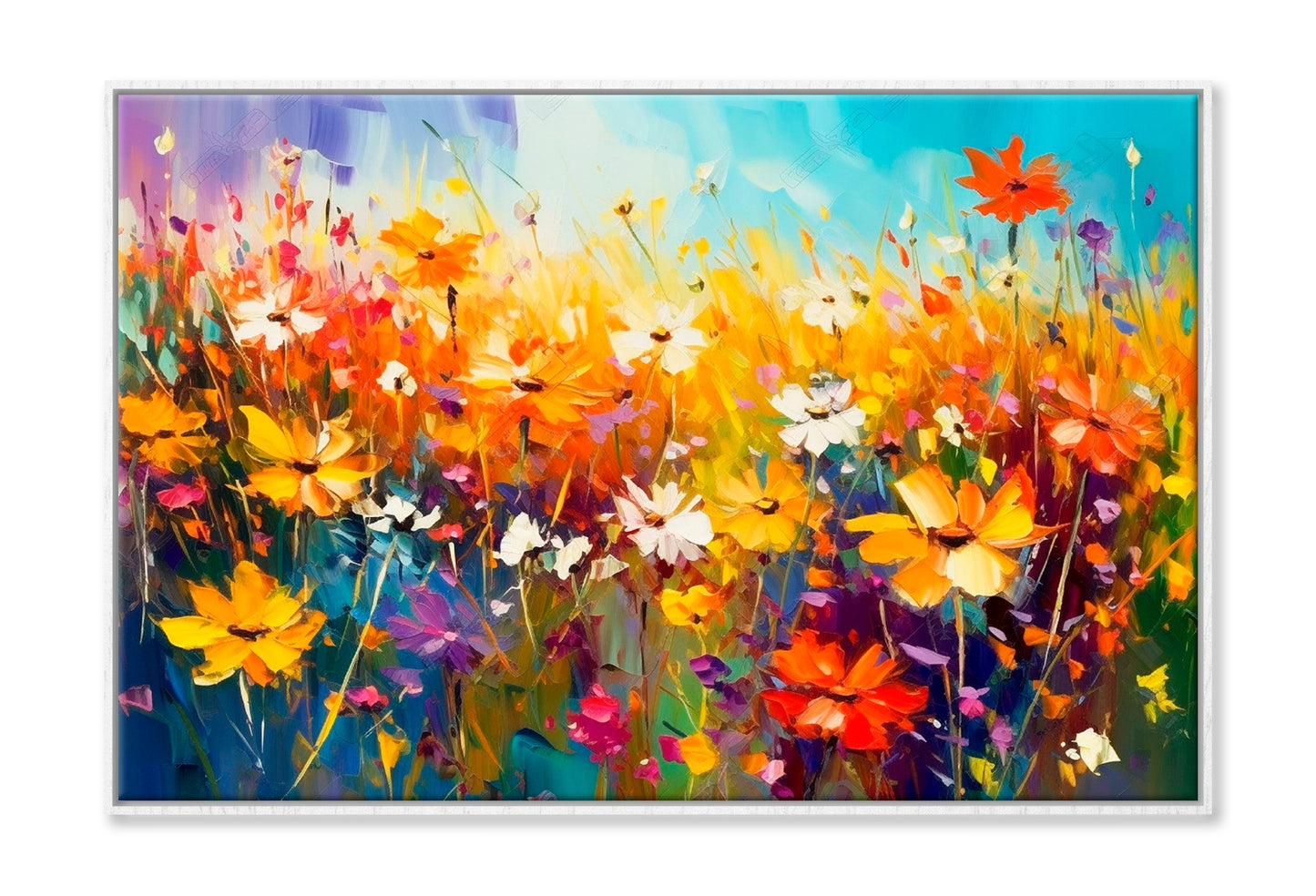 Beautiful Wildflowers Blooming Field Oil Painting Wall Art Limited Edition High Quality Print Canvas Box Framed White