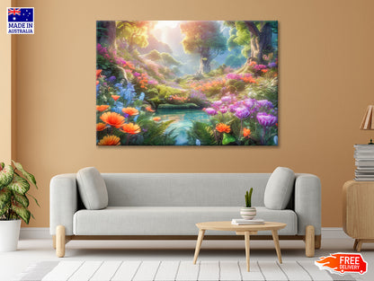 A Pond with Colorful Flowers in Beautiful Nature Print 100% Australian Made