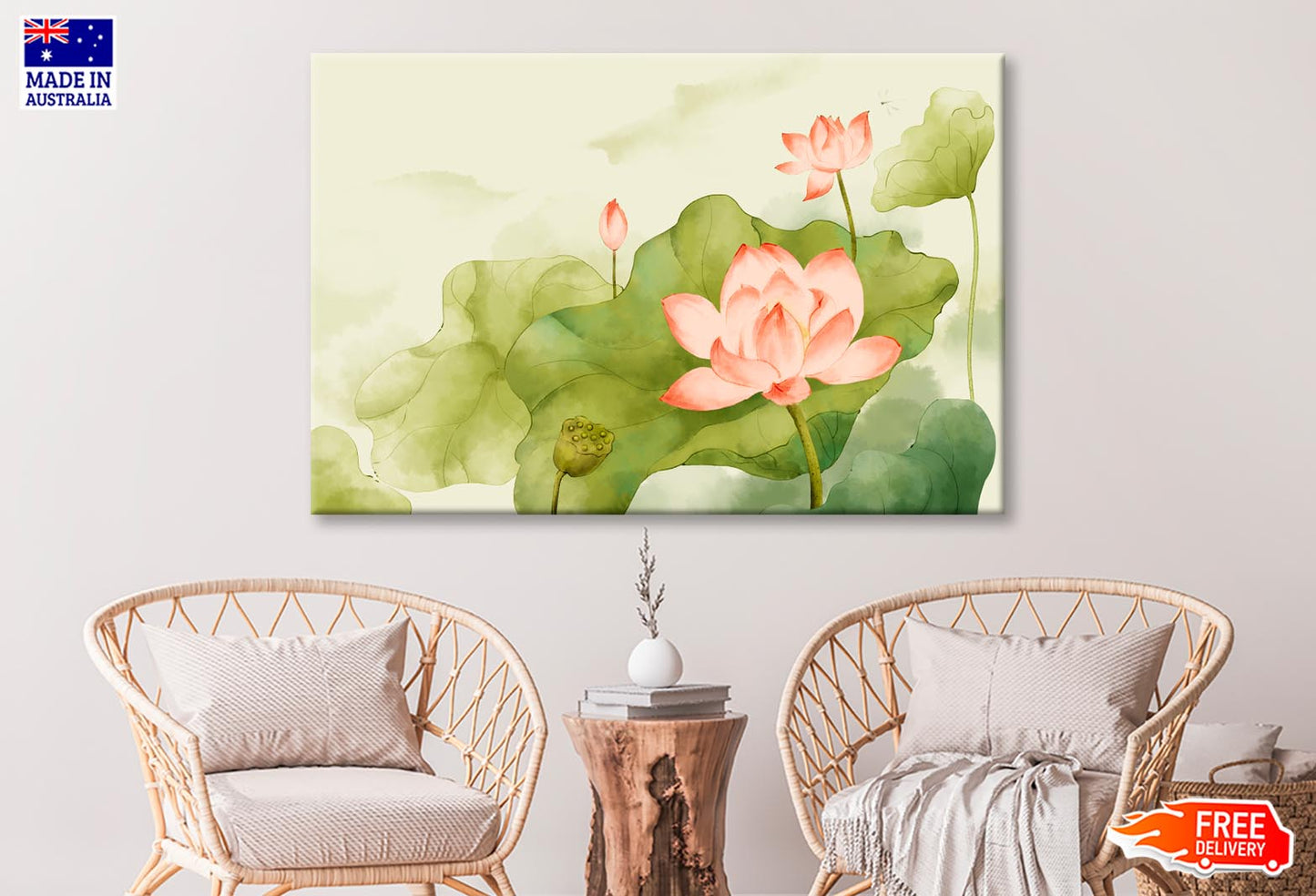 Painting Of a Pink Lotus Flower and Green Leaves Wall Art Decor 100% Australian Made