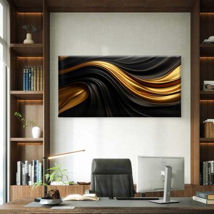 Luxury Black Gold Satin Swirl Wall Art Canvas Office Home Room Framed 120x60cm