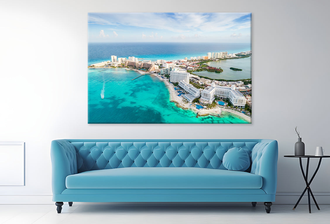 Panoramic View of Cancun Beach and Hotels Wall Art Decor 100% Australian Made