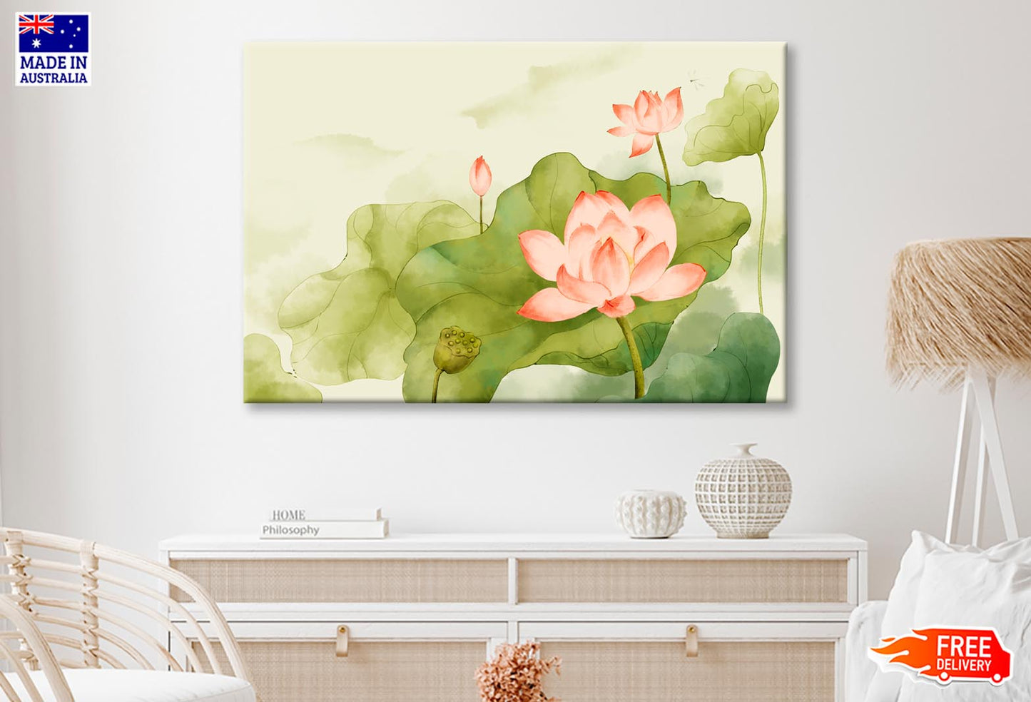 Painting Of a Pink Lotus Flower and Green Leaves Wall Art Decor 100% Australian Made