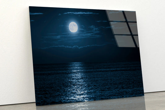 Moon In Night Sky Over the Sea Acrylic Glass Print Tempered Glass Wall Art 100% Made in Australia Ready to Hang