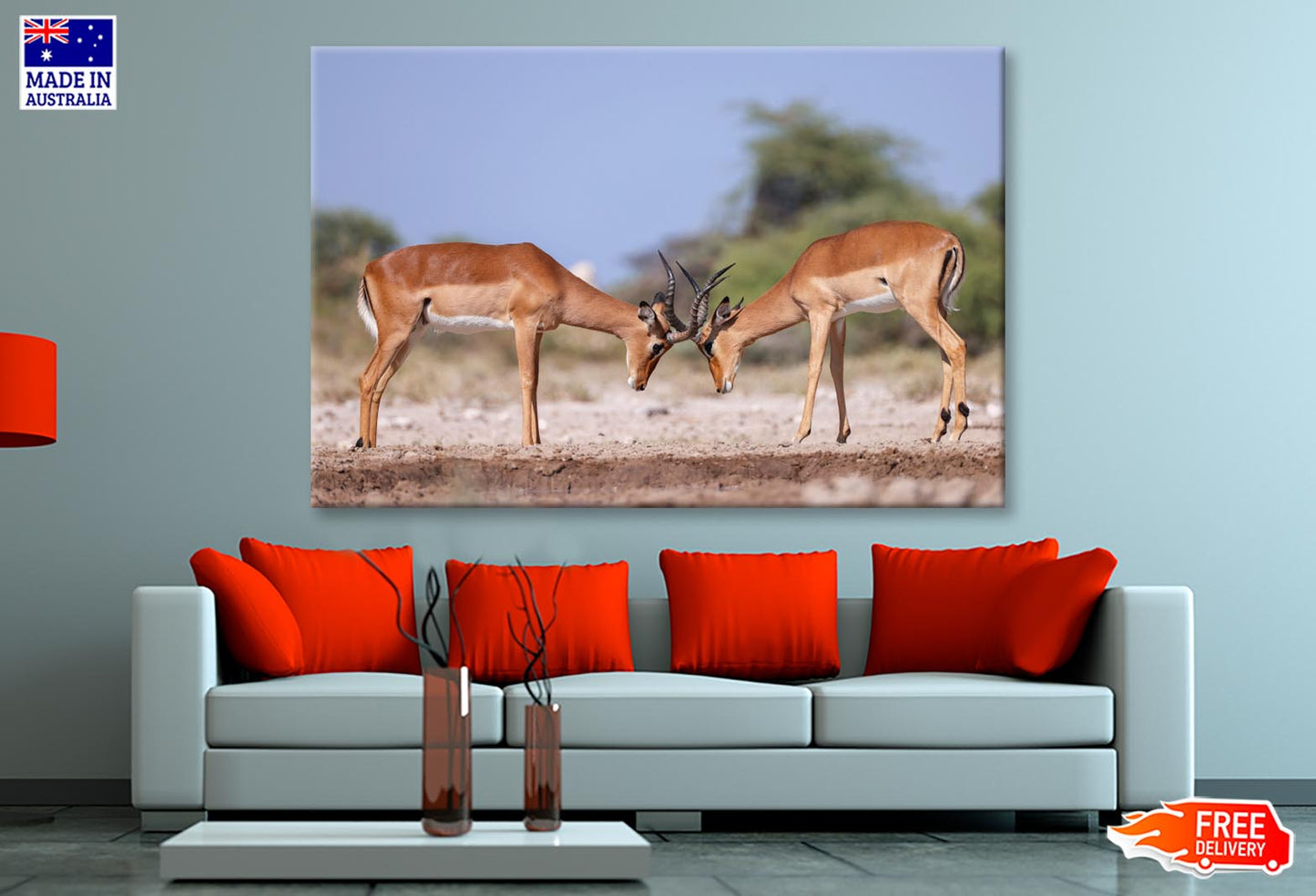 Two Fighting Male Impala Antelopes Wall Art Decor 100% Australian Made