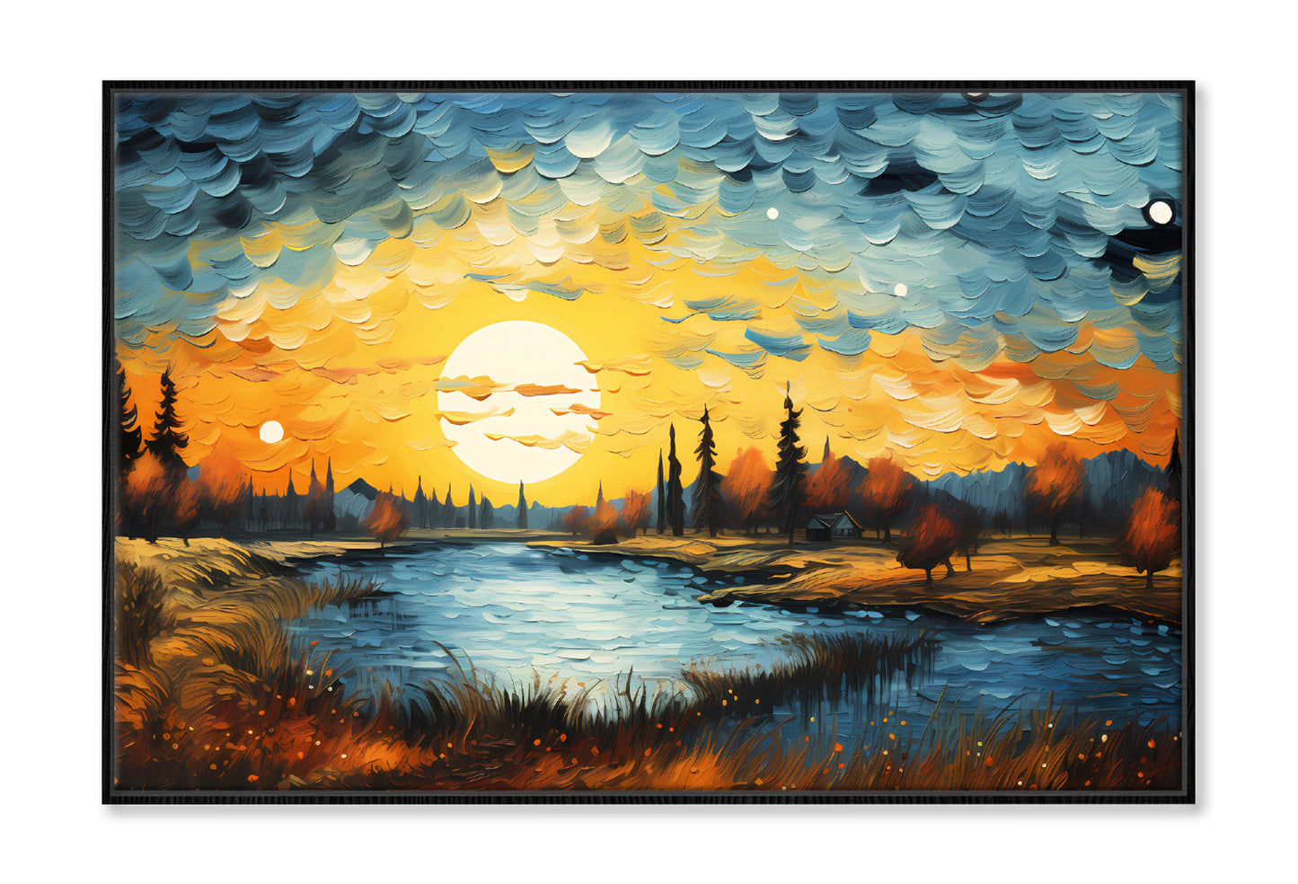 Autumn Trees Landscape & Lake with Sunset Sky Painting Wall Art Limited Edition High Quality Print Canvas Box Framed Black