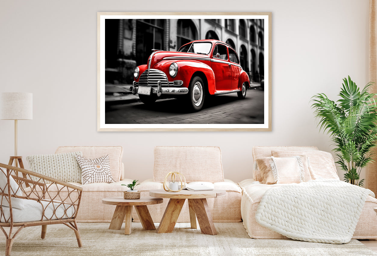 Old Red Car in the Street Home Decor Premium Quality Poster Print Choose Your Sizes