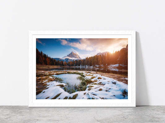 Morning Scenic In Lake Antorno Glass Framed Wall Art, Ready to Hang Quality Print With White Border White