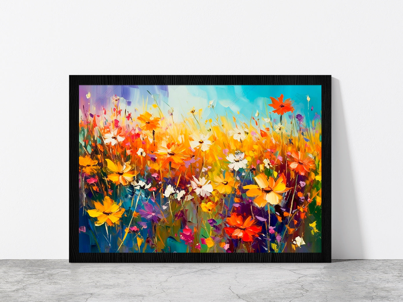 Beautiful Wildflowers Blooming Field Glass Framed Wall Art, Ready to Hang Quality Print Without White Border Black