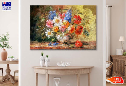 Life, Bouquet Of Flowers In A Vase On Wooden Background Wall Art Limited Edition High Quality Print