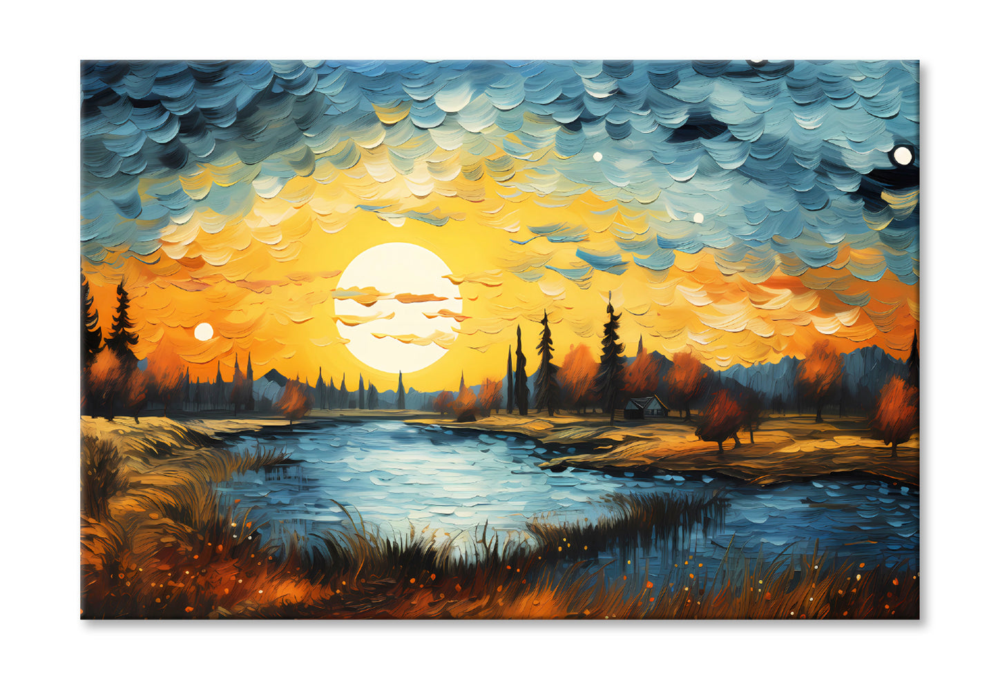 Autumn Trees Landscape & Lake with Sunset Sky Painting Wall Art Limited Edition High Quality Print Stretched Canvas None