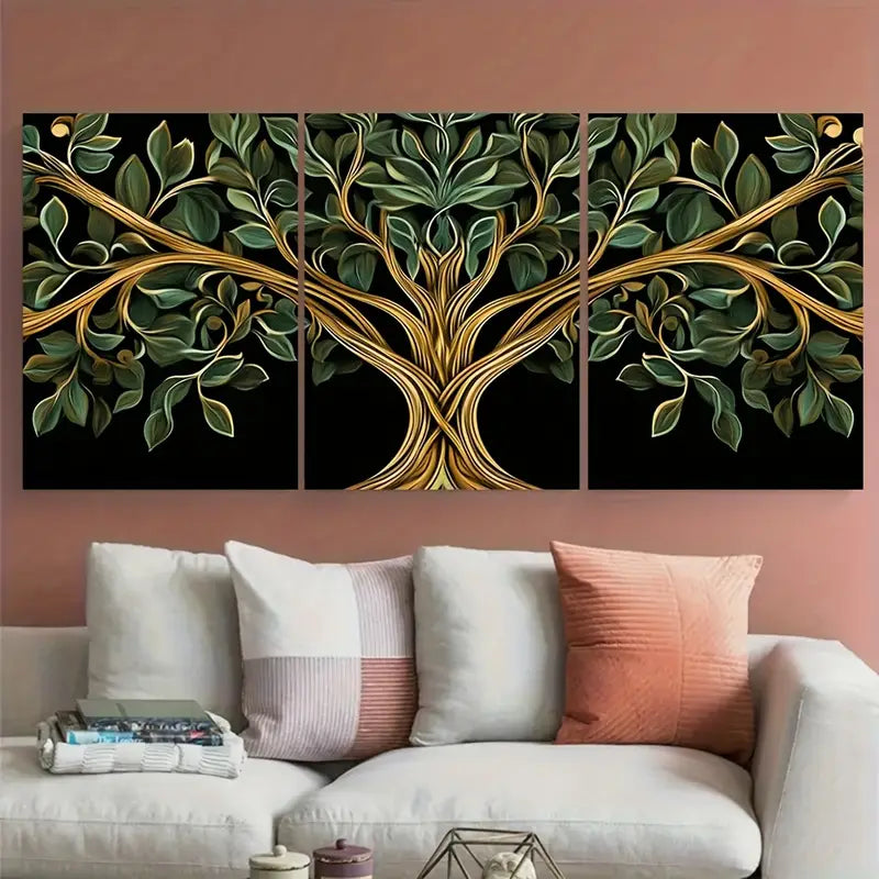 3pcs Golden and Green Tree of Life Metal Print Ready to Hang Art