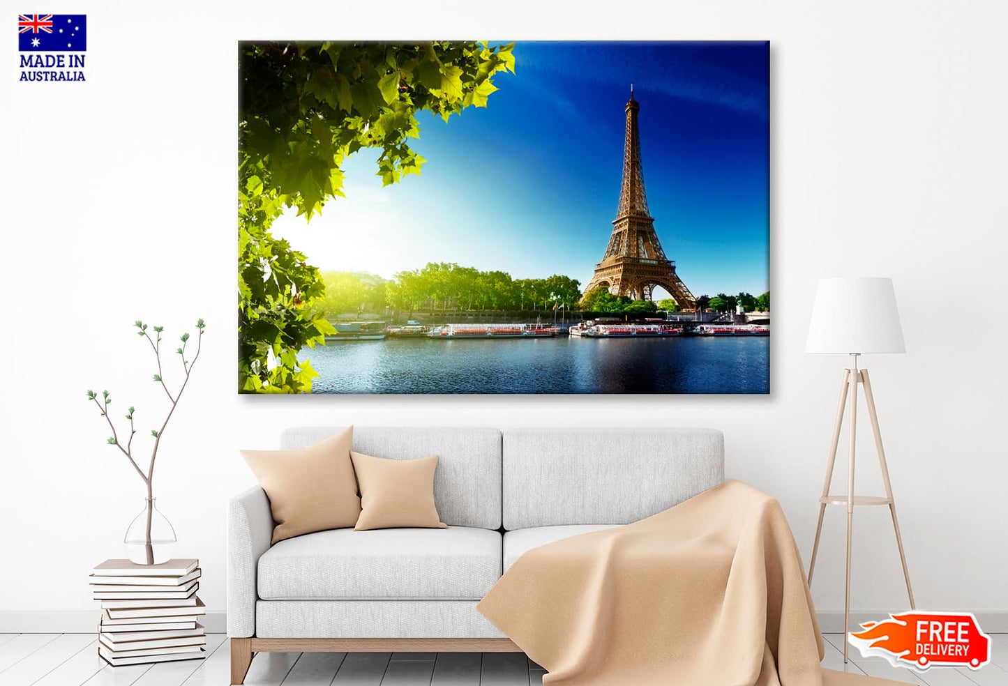 Seine In Paris with Eiffel Tower in Sunrise Time Wall Art Decor 100% Australian Made