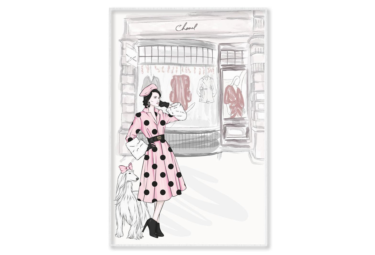 Pink Lady With Her Dog Fashion Wall Art Limited Edition High Quality Print Canvas Box Framed White