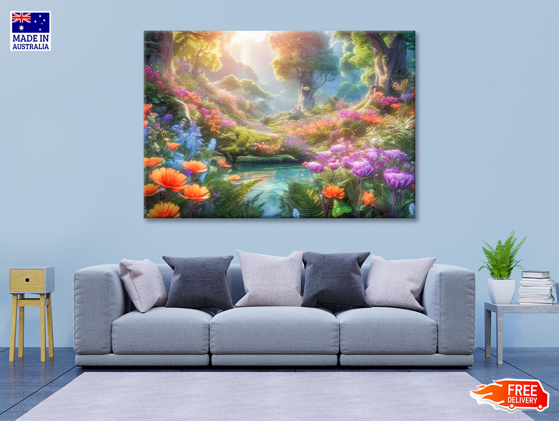 A Pond with Colorful Flowers in Beautiful Nature Print 100% Australian Made