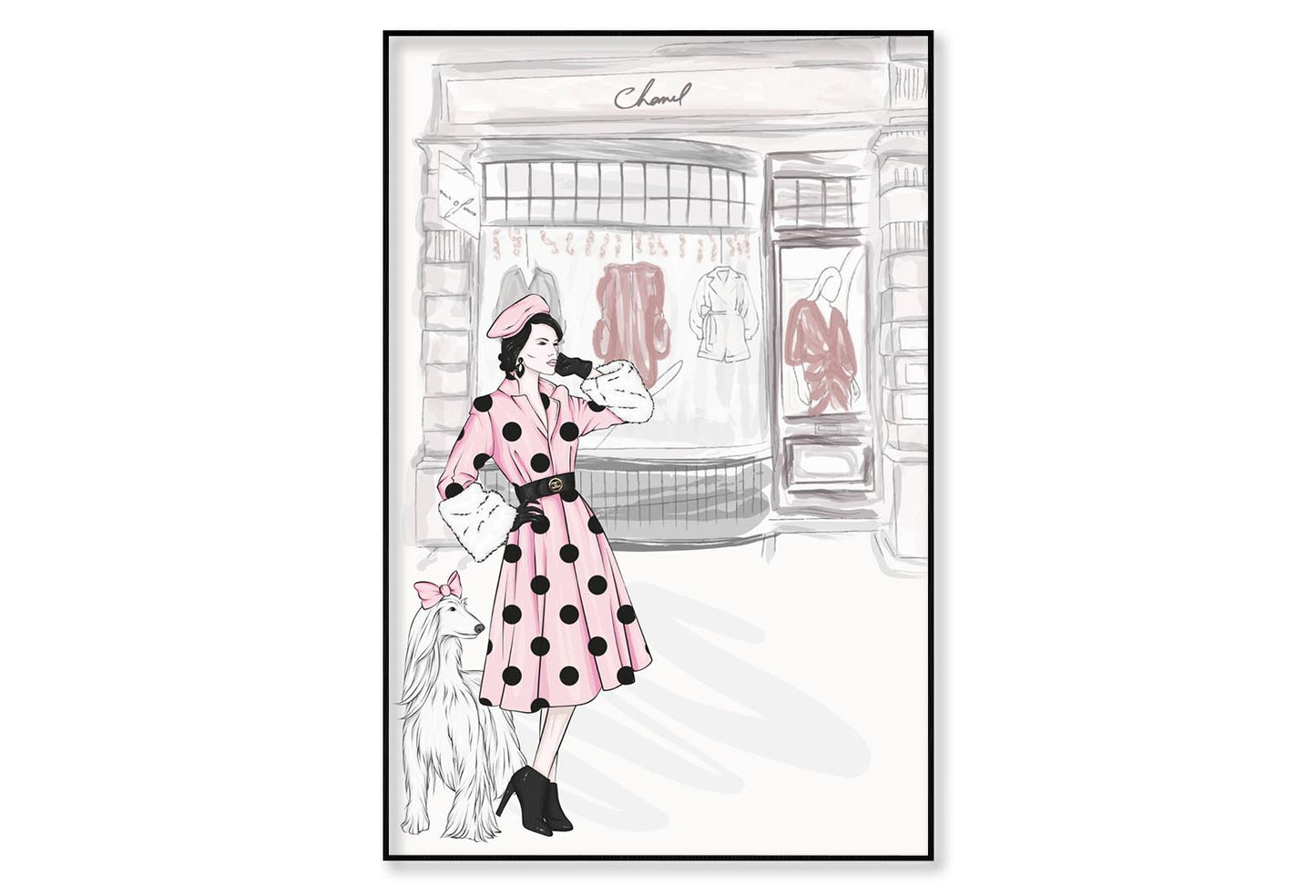 Pink Lady With Her Dog Fashion Wall Art Limited Edition High Quality Print Canvas Box Framed Black