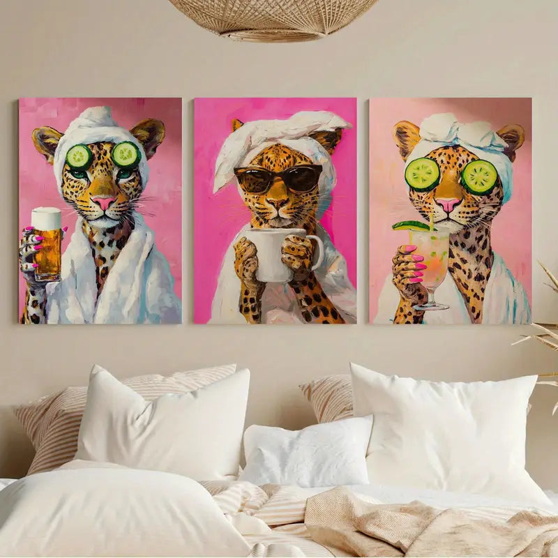 3pcs Cheetah Coffee-Themed Metal Print Ready to Hang Art