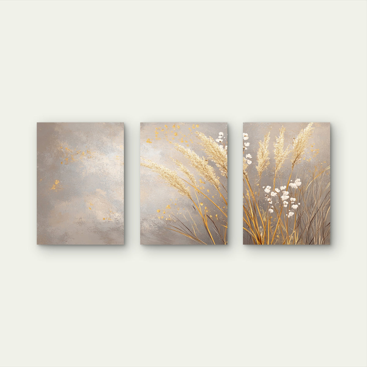 3pcs Metallic Silver Beige Fluffy Grass Print Wall Art Set Canvas Framed 40x60cm - High Quality Print 100% Australian Made Wall Canvas Ready to Hang