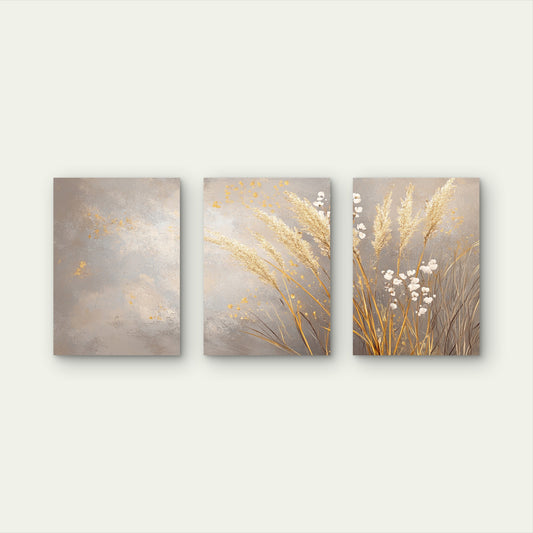 3pcs Metallic Silver Beige Fluffy Grass Print Wall Art Set Canvas Framed 50x70cm - High Quality Print 100% Australian Made Wall Canvas Ready to Hang