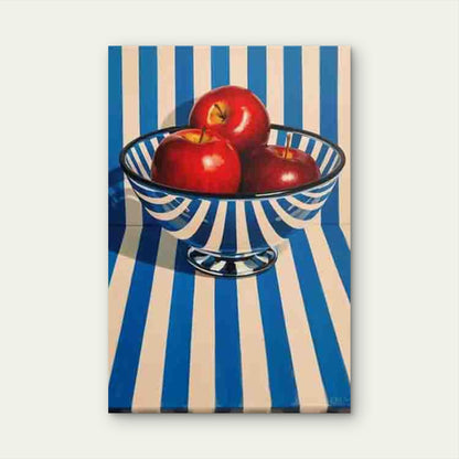 Blue Striped Bowl with Red Fruit Metal Print Ready to Hang