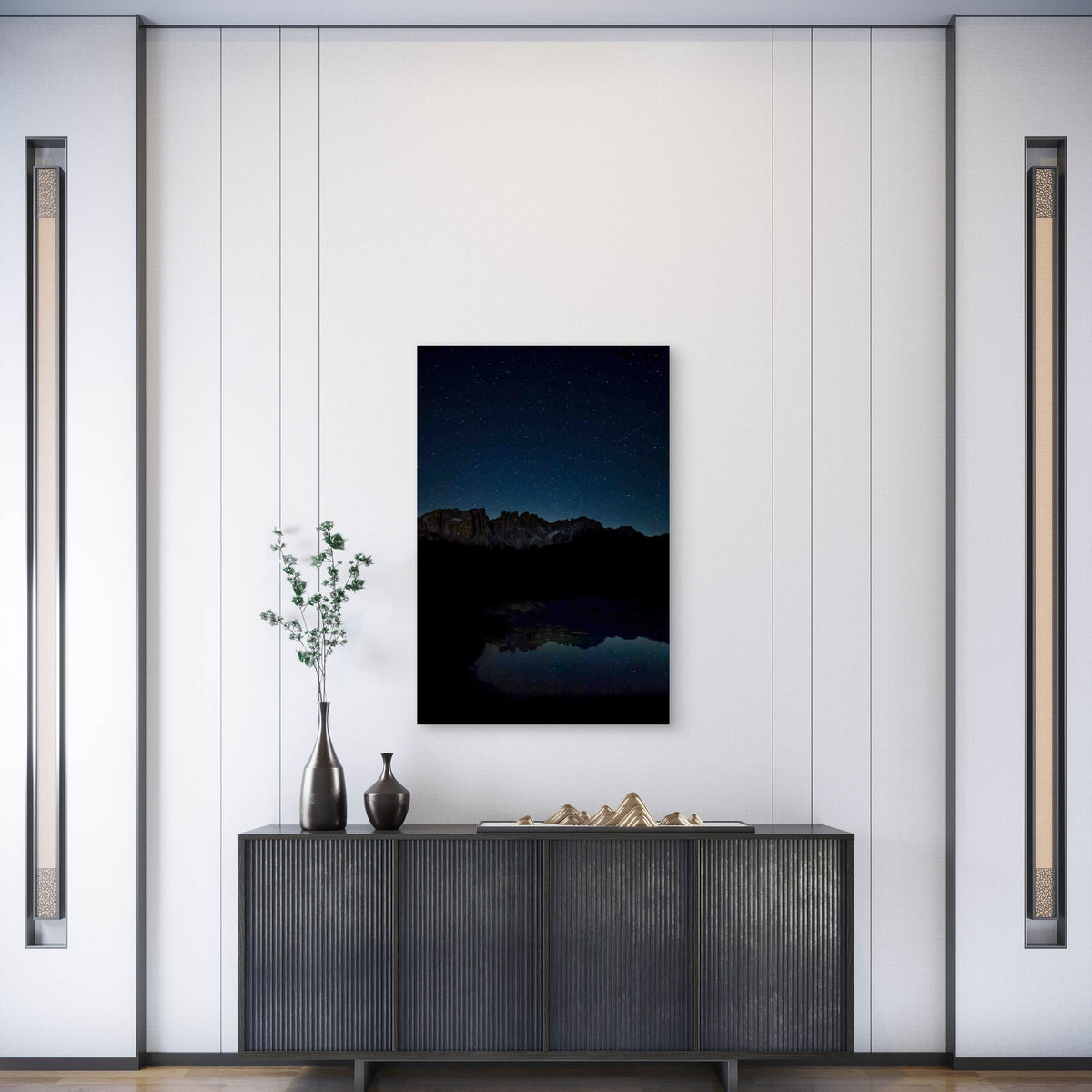 Lake Near Mountain During Night Metal Print Ready to Hang