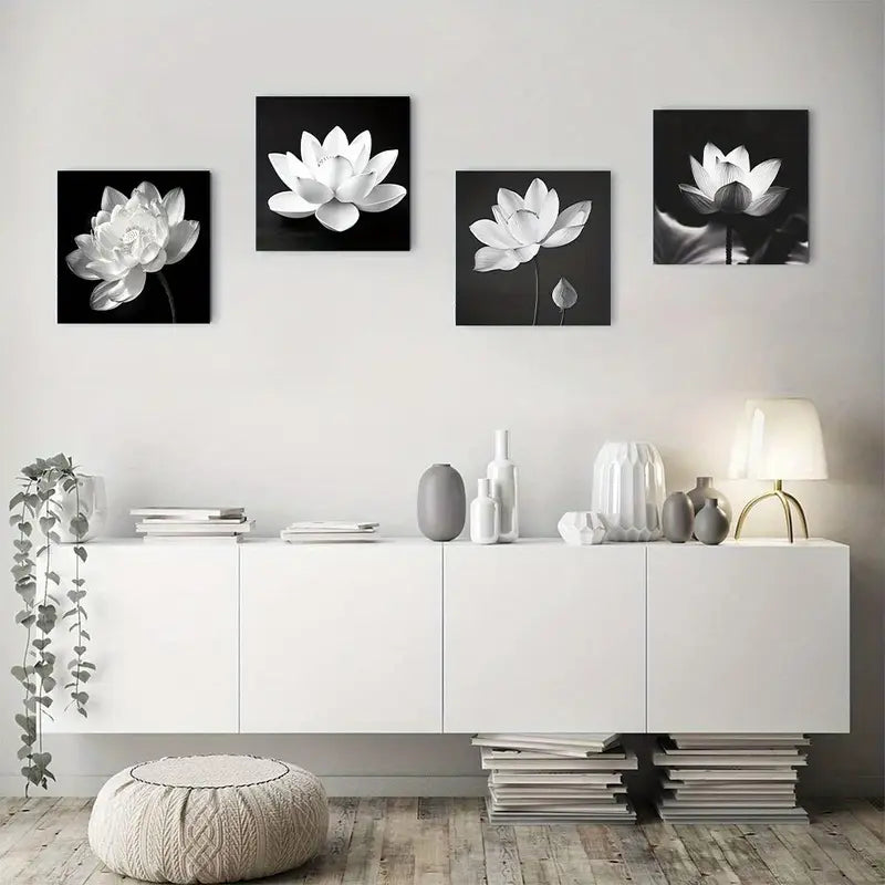 4pcs Elegant Black And White Floral For Lotus Fl Wall Art Canvas Framed