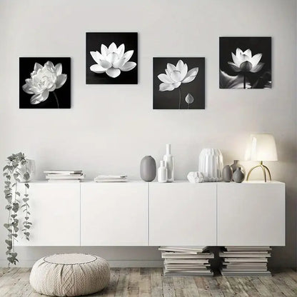 4pcs Elegant Black And White Floral For Lotus Fl Wall Art Canvas Framed