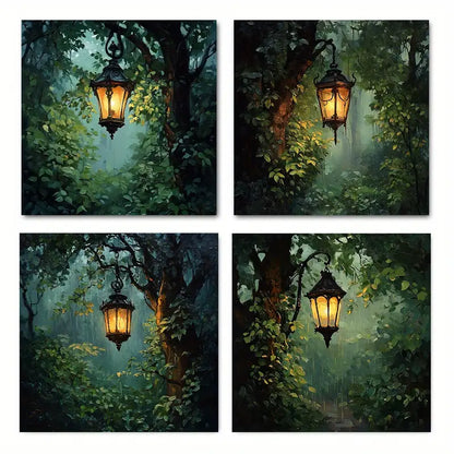 4pcs In The Rainy Night The Candle Oil Lamp  Wall Art Canvas Framed