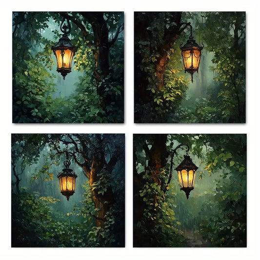 4pcs In The Rainy Night The Candle Oil Lamp  Wall Art Canvas Framed