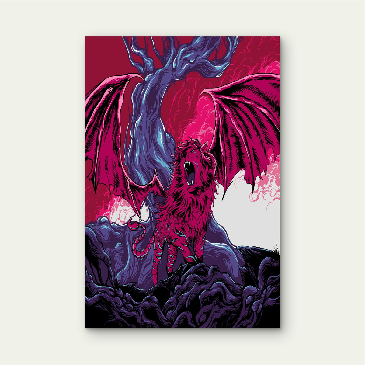 Pink Winged Lion 60x90cm Metal Print Ready to Hang