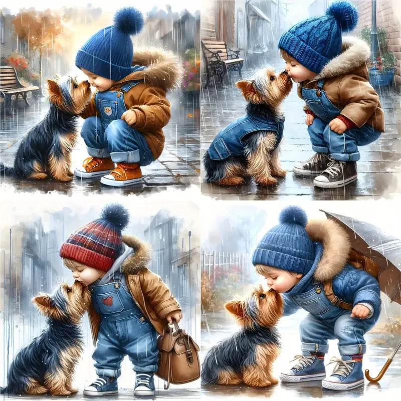 4pcs Boy And Cute Dog  Wall Art Canvas Framed