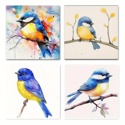 4pcs Vibrant Bluebird Watercolor Canvas Wall Art Canvas Framed