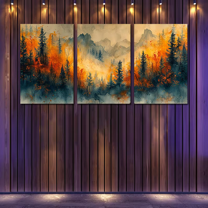 3pcs Misty Forest Scenery with Vibrant Autumn Wall Art Set Canvas Framed 60x90cm - High Quality Print 100% Australian Made Wall Canvas Ready to Hang