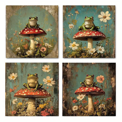 4pcs Vintage Frog & Mushroom VH   Wall Art Canvas Framed