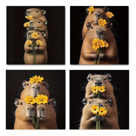 4pcs Capybara and Flowers Vintage Abstract   Wall Art Canvas Framed